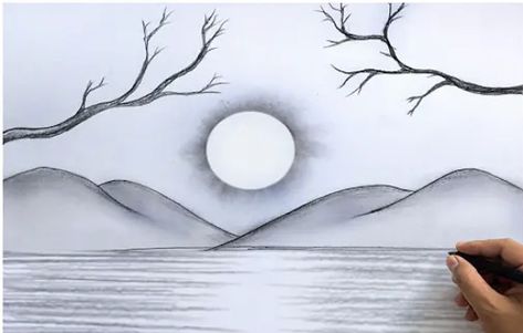 Easy Landscape Paintings Pencil, Landscape Ideas To Draw Easy, Nature Pencil Drawings Easy, Scenery Sketch Landscapes Pencil Drawings Easy, Nature Drawings Simple Sketch Landscape, Landscapes Drawing Easy, Simple Nature Sketches, Landscape Pencil Drawings Nature, Sunset Drawing Easy Pencil