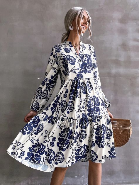 White Frocks For Women, White Frocks, Frocks For Women, Lantern Sleeve Dress, Shein Dress, Blue And White Style, Mode Casual, Ruffle Hem Dress, Dress Boho