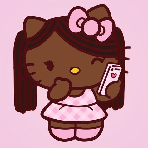 Black Hello Kitty With Locs, Hello Kitty Black Pfp, Hello Kitty Braids, Black Hello Kitty With Glasses, Hello Kitty With Locs, Dark Skin Hello Kitty, Black My Melody, Afro Kitty, Black Hello Kitty Pfp