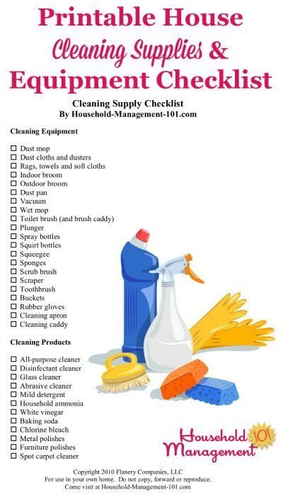 Free printable house cleaning supplies and equipment checklist, so you know exactly what types of cleaning products and tools to stock in your home {courtesy of Household Management 101} #CleaningSupplies #CleaningProducts #CleaningEquipment Cleaning Supplies List Products, Organisation, Cleaning Supplies Must Have, House Cleaning Products Checklist, Janitorial Office Cleaning Checklist, House Cleaners Professional, Cleaning Equipment List, Home Supplies List, What Cleaning Products Do I Need