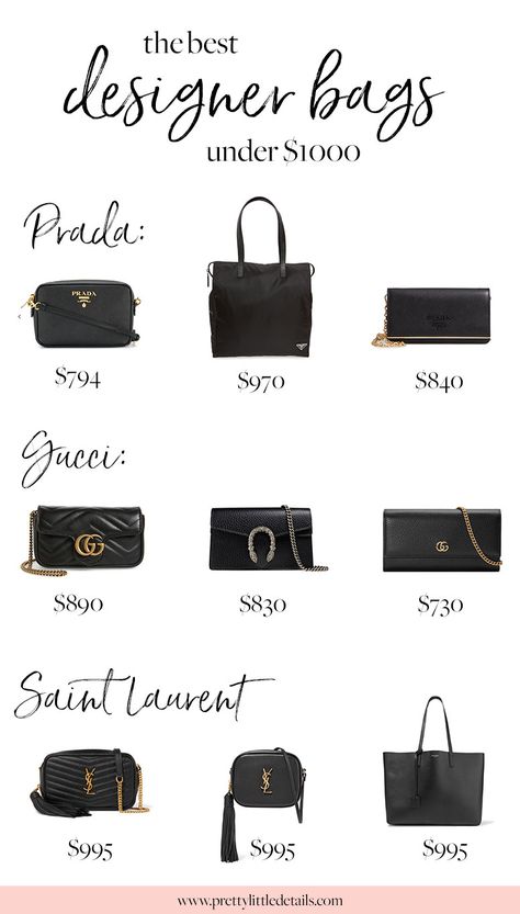 The best designer bags under $1000. Gorgeous and affordable bags from Prada, Gucci and Saint Laurent. Prada Handbags, Luxury Bags Collection, Best Designer Bags, Classic Handbags, Luxury Purses, Designer Totes, Classic Bags, 가을 패션, Purses Designer