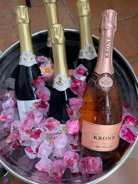 Wine Bucket Flower Ice, Flowers Ice Cubes, Champagne Birthday Ideas For Women, Flower In Ice Cubes, Flower Ice Cubes Champagne, Champagne And Charcuterie Party, Champagne Brunch Aesthetic, Champagne Party Aesthetic, Champagne Birthday Ideas