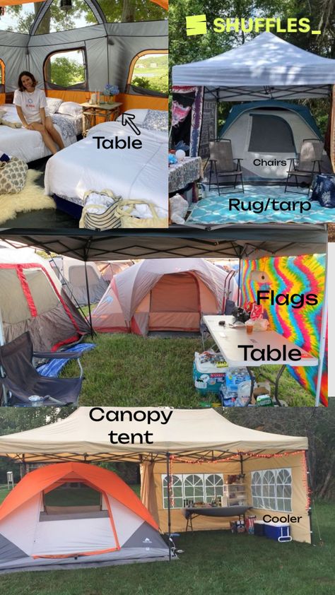 Camping Setup Ideas Campsite, Camping Setup Ideas, Festival Camping Setup, Tents Camping Glamping, Camping Setup, Music Festival Camping, Camping Menu, Camping Cabin, Camping Hacks Diy