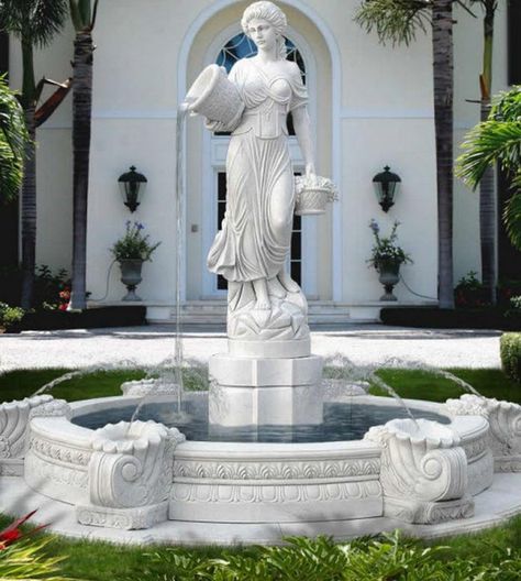 Greek Garden Statues, Fountain Statue, Outdoor Wall Fountains, Roman Garden, Castle House Design, Marble Fountain, Kolam Air, Water Fountain Design, Sculpture Fountain