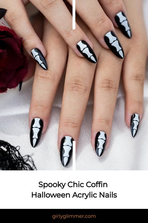 Hands with long, black acrylic nails featuring white skull designs. Black Acrylic Nails With Spider Web, Halloween Nails Black With Spider Web, Bat Nails Acrylic Coffin, Black Spider Web Nails Coffin, Black Halloween Nails Spider Webs, Nail Polish Gift, Festive Nail Designs, Prom Nails Silver, Wide Nails