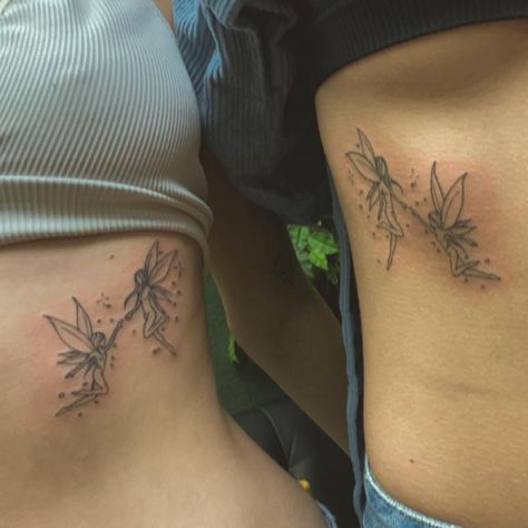 Matching Fairy Tattoos, Fairy Tattoos, Maching Tattoos, Earthy Tattoos, Cute Matching Tattoos, Tattoos Matching, Flower Thigh Tattoos, Bestie Tattoo, Ribcage Tattoo