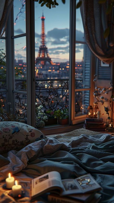 Cozy Paris Aesthetic, Aesthetic House Pictures, Paris From Window, Artist House Aesthetic, House Photography Interior, Parisian Artist Aesthetic, Bed Window Aesthetic, Happy Room Aesthetic, Bedroom View Aesthetic