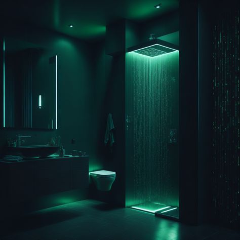 Black Shower Aesthetic, Dark Shower Light Bathroom, Green Black House Aesthetic, Bathroom Led Lights Aesthetic, Black Themed Bathroom Decor, Bathroom Shower Aesthetic, Led Lights Shower Aesthetic, Black Theme Bedroom Ideas, Black Light Bathroom