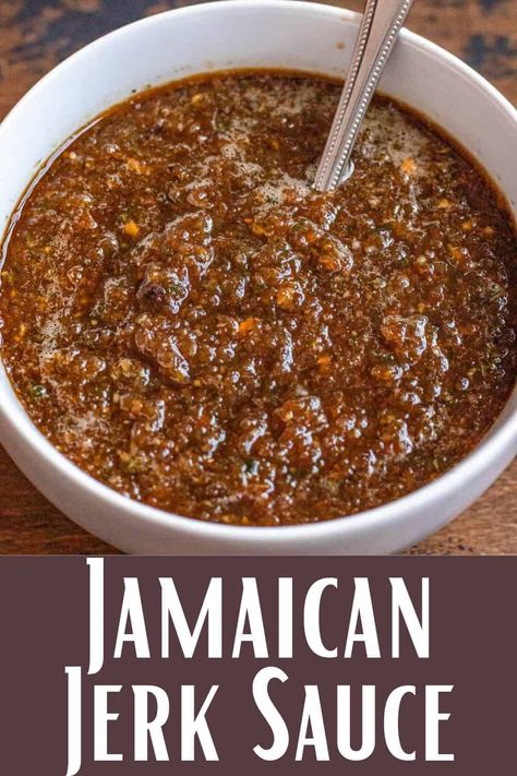 Jamaican Jerk Sauce is a spicy sauce that can be used as a marinade or to spice up any dish. If you want to bring a taste of the islands to your dish, this recipe is a must try! Jerk Spice Recipe, Carribean Jerk Sauce, Jamaican Jerk Seasoning Marinade, Jamaican Sauce Recipe, Jerk Chicken Recipes Jamaican, Walkerswood Jerk Seasoning Recipes, Jamaican Dipping Sauce, Homemade Spicy Sauce, Jerked Chicken Recipe