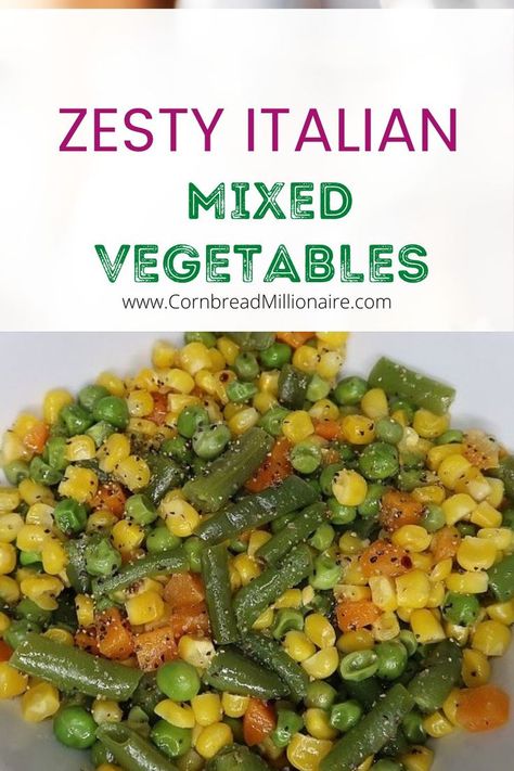 Zesty Italian Mixed Vegetables are uniquely delicious thanks to a creative splash of seasonings. Easy to make with simple ingredients. Serve as a side dish with a favorite meal or special holiday dinner. Recipe For Mixed Vegetables, Italian Mixed Vegetables, Seasoned Mixed Vegetables, Italian Style Vegetables, Seasoning For Mixed Vegetables, How To Cook Frozen Mixed Vegetables, Frozen Mixed Vegetable Recipes Side Dishes, Mixed Vegetables Salad, Light Vegetable Side Dishes