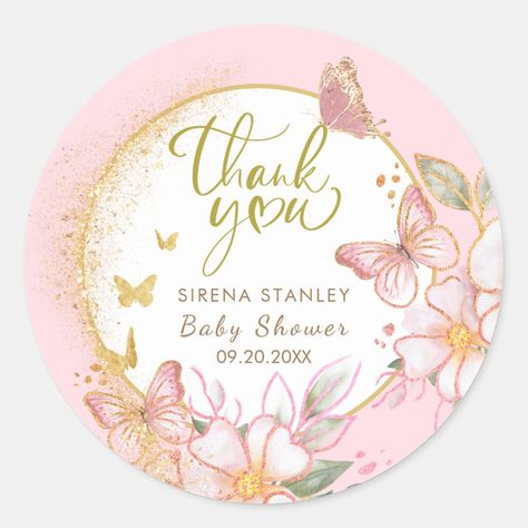 Butterfly & Flowers Pink Glitter Girl Baby Shower Classic Round Sticker Candy Bar Decor, Butterfly Stickers, Paper Box Template, Simple Baby Shower, Modern Baby Shower, Glitter Girl, Unique Baby Shower, Baby Shower Food, Flowers Pink