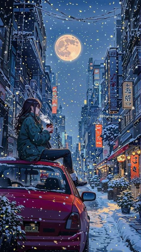 Winter Night Illustration, Cozy Winter Illustration, Cozy Lights, Artwork Flowers, Cozy Bohemian, Anime Places, Night Illustration, Winter City, Winter Illustration