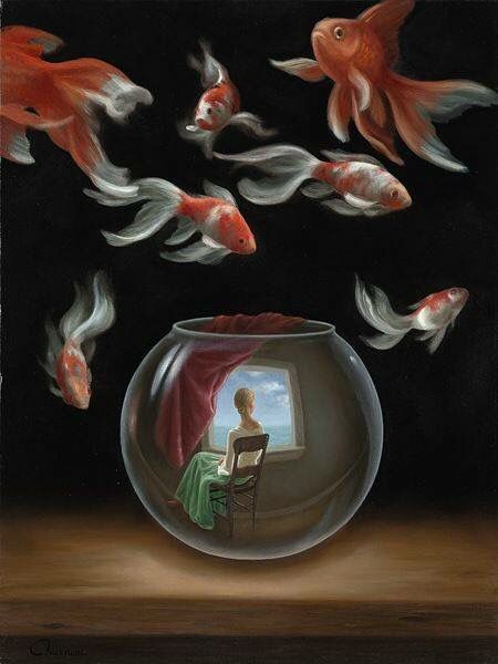 Woman in fishbowl & fish outside bowl surreal at Kollage Konst, Surealism Art, غلاف الكتاب, Tableaux Vivants, Desen Realist, Arte Peculiar, René Magritte, Hiasan Bilik, Soyut Sanat Tabloları