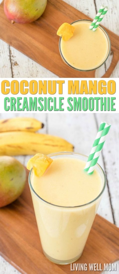 This Coconut Mango Creamsicle Smoothie has a delicious blend of mango and coconut milk, plus a secret healthy ingredient that adds the "creamsicle" factor! Dairy-free, refined sugar-free, Paleo recipe Cold Smoothie, Mango Coconut Smoothie, Smoothie Mango, Creamsicle Smoothie, Coconut Milk Recipes, Paleo Recipe, Smoothie Detox, Healthy Shakes, Collagen Powder