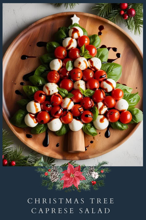 A fresh caprese salad arranged in the shape of a Christmas tree.  Ingredients:  12 mozzarella balls 12 cherry tomatoes Fresh basil leaves 2 tbsp balsamic glaze  Instructions:  Arrange mozzarella balls and cherry tomatoes in a triangle shape on a platter to resemble a Christmas tree. Place fresh basil leaves in between for the tree’s “branches.” Drizzle with balsamic glaze before serving. Caprese Salad Platter, Christmas Tree Tomato Mozzarella, Caprese Christmas Tree Appetizer, Christmas Tree Caprese Salad, Wreath Caprese Salad, Christmas Tomato Mozzarella, Caprese Salad Christmas Tree, Christmas Place Settings Ideas, Caprese Christmas Wreath