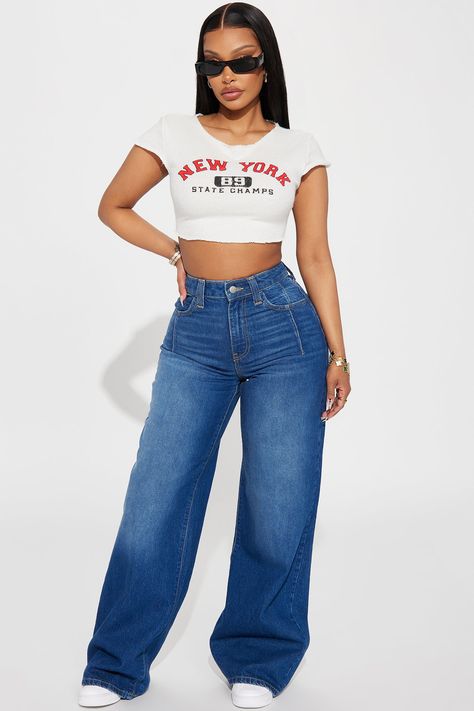 Available In Dark Wash. Wide Leg Jean Pockets Dart Detail 11.5" High Rise 33" Inseam Disclaimer: Due To The Specialized Wash Process, Each Garment Is Unique. 100% Cotton Non Stretch Imported | Got It Bad Wide Leg Jeans in Dark Wash size 9 by Fashion Nova Wide Jeans Outfit, Unique Jeans, Nova Fashion, Cool Shirt Designs, Fashion Week Trends, Fall Chic, African Fashion Skirts, Fashion Oversized, Fashion Nova Outfits