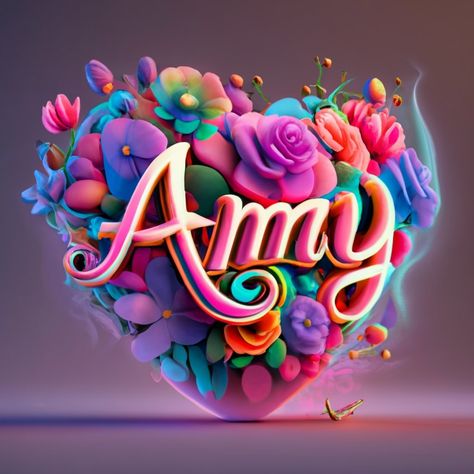 Amy Name, Back Round, Bubble Letters, 3d Render, Name Art, Colorful Flowers, Pink Flowers, Pink Purple, Typography