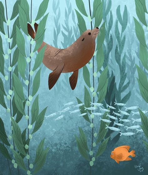 Sea Murals, Forest Drawing, Sea Illustration, Kelp Forest, Beautiful California, Animal Funny, Bird Supplies, California Coast, Sea Lion