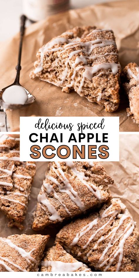 These fresh apple cinnamon scones have the best apple flavor, warm spices, and a delicious cinnamon glaze on top. They are perfect fall recipe served for a breakfast treat or dessert! | Cambrea Bakes Scone Icing Recipe, Apple Chai Scones, Savory Fall Baked Goods, Fall Flavored Scones, Apple Scone Recipes, Apple Pie Scones Recipe, Home Made Scones Recipe, Apple Baked Goods Recipes, Fun Scone Flavors