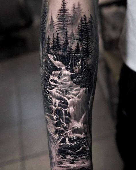 Waterfalls Tattoo Ideas, Water Themed Sleeve Tattoo, Waterfall Sleeve Tattoo, Leg Tattoo Men Viking, Waterfall Mountain Tattoo, Mountain And Waterfall Tattoo, Jungle Waterfall Tattoo, Nature Leg Tattoo Men, Waterfall Tattoo Ideas For Women