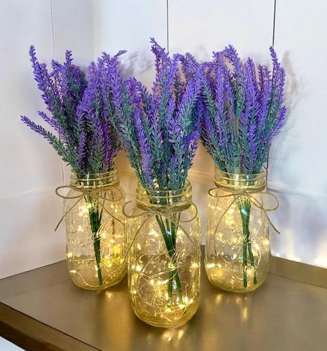 Rustic Wedding Decor Lavender Mason Jar Centerpiece, Farmhouse Home Decor, Party Centerpiece - Etsy Purple And Beige Wedding Decor, Purple And Gold Event Decor, Inexpensive Table Decorations For Party, Lavender Wedding Table Setting, Purple And Gold Party Decorations Ideas, Lavender Theme Party, Lavender Party Theme, Purple Wedding Table Decor, Purple Wedding Aesthetic