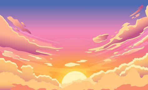 Morning Aesthetic Sunrise, Sunrise Illustration, Sky Cartoon, Aesthetic Sunrise, Cartoon Summer, Morning Aesthetic, Summer Sunrise, Pastel Sunset, Cloud Vector