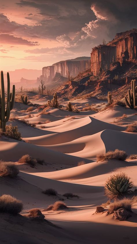 Immerse yourself in this captivating desert landscape wallpaper, featuring rolling dunes, golden sand, and a stunning sunset palette of orange and pink. Realistic textures, scattered cacti, and surreal oversized plants create a whimsical oasis. Perfect for nature lovers, this art piece captures the vastness and solitude of the desert. Ideal for home decor, digital backgrounds, and nature-inspired aesthetics. Desert Landscape Wallpaper, Desert Oil Painting, Desert Oasis Aesthetic, Sahara Desert Aesthetic, Vintage Desert Aesthetic, Desert Texture, Dessert Landscape, Space Desert, Dessert Landscaping