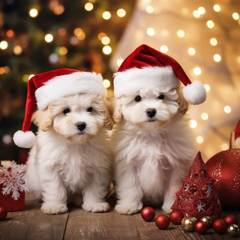 AI art of a two white puppies wearing a santa claus hat sitting among Christmas decorations. Puppies Christmas Pictures, Multiverse Images, Christmas Pet Photos, Cat And Dog Memes, Cat And Dog Photos, Christmas Pets, Merry Christmas Cat, Cute Small Dogs, Puppy Photography