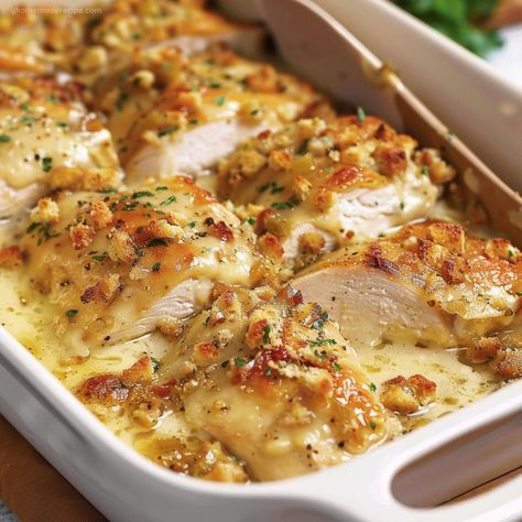 Stuffing Swiss Cheese Chicken, Chicken Casserole Dishes For Dinner, Chicken Stuffing Swiss Cheese Casserole, Creamy Swiss Chicken Bake, Chicken Swiss Bake, Swiss Cheese Chicken Bake, Swiss Chicken Bake With Stuffing, Chicken And Swiss Cheese Recipes, Chicken Breast Stuffing Casserole