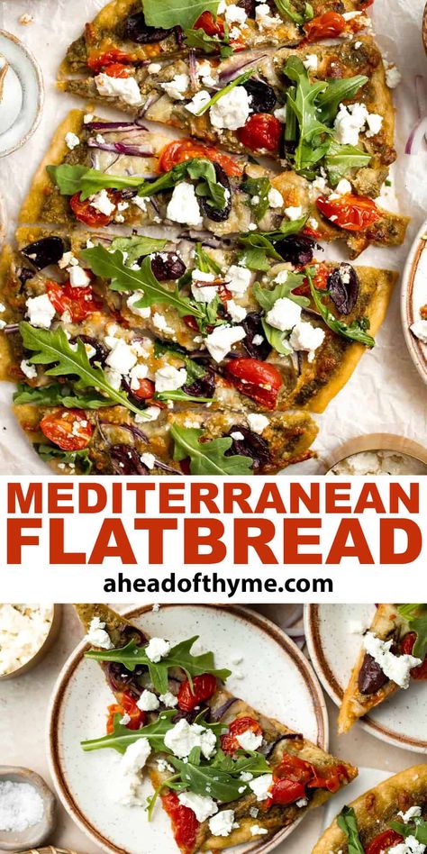 Pesto Feta Pizza, Mediterranean Pizza Recipe Healthy, Flatbread With Arugula, Mediterranean Flatbread Recipe, Mediterranean Naan Pizza, Mediterranean Pizza Recipe, Mediterranean Flat Bread, Lavash Flatbread Pizza, Mediterranean Flatbread Pizza