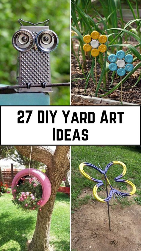 A vibrant yard featuring DIY yard art, including painted rocks, upcycled planters made from old tires, hanging lanterns, and garden sculptures made from recycled materials. Backyard Signs Diy, Front Yard Decor Ideas Diy Budget, Funky Patio Ideas, Upcycled Yard Art, Outdoor Garden Decor Ideas Diy Projects, Upcycle Garden Ideas, Garden Crafts Diy Yard Art, Outdoor Craft Ideas, Yard Art From Junk Repurposing