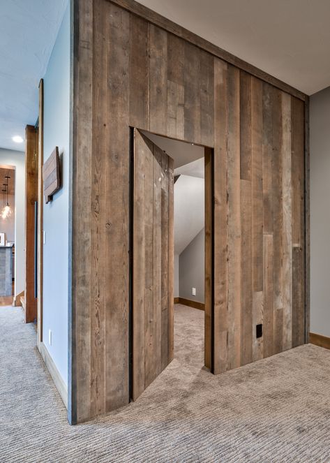 Square Edge Wire brushed cedar Interior wall material in 1x4, 1x8  to create an accent wall that conceals a door, creating a secret room. Timber Accent Wall, Reclaimed Timber Wall, Rustic Wall Paneling, Barn House Kitchen, Cedar Interior, Ceiling Cladding, Cedar Walls, Home Decor Cozy, Wall Material