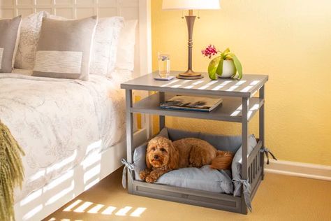 Dog Kennel Nightstand, Dog Crate Nightstand, Dog Bed Nightstand, Dog Beds In Bedroom, Dog Bed Side Table, End Table Dog Bed, Bed End Table, Pets Furniture, Stylish Dog Beds