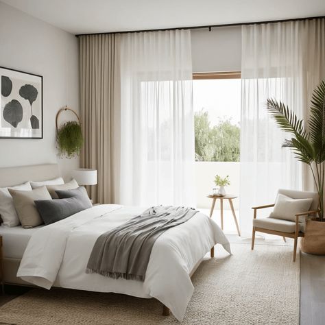 15 Stunning Bedroom Curtain with Drapes Ideas for Your Next Makeover - Home Experts Full Wall Curtains Bedroom Modern, Sheers In Bedroom, Privacy Sheer Curtains, Dual Curtains Bedroom, Full Length Curtains Bedroom, Bedroom Double Curtains, Wall Of Curtains Bedroom, Double Rod Curtains With Sheers, Modern Farmhouse Bedroom Curtains