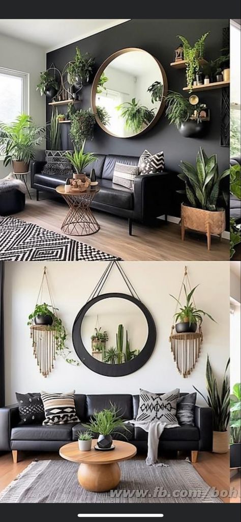 Black And Natural Living Room Ideas, Wood On Black Wall, Industrial Decor With Plants, Black Lounge Wall, Black Wood And Green Decor, Black Wall With Plants, Wooden And Black Living Room, Boho Black Decor, Plant Theme Living Room