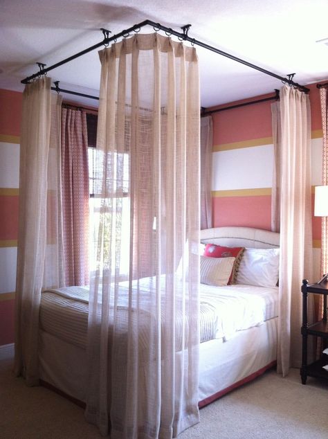 Pictures of the Curtain Hung to Ceiling | Ceiling Curtains around Bed - shows black hardware hung from ceiling, sheer curtains around bed Curtains Around Bed, Beautiful Bed Designs, Embroidered Curtains, Zimmer Diy, Canopy Bed Diy, Beautiful Bedroom Designs, Color Room, Canopy Curtains, Canopy Bedroom