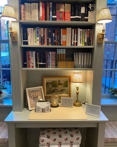 Desk Between Two Windows, Cookbook Nook In Kitchen, Desk In Front Of Bookshelves, Built In Desk Decor, Desk With Bookshelf Above, Bookcase Desk Built In, Desk Built Into Bookshelf, Small Built In Bookshelf, Built In Book Shelf Bedroom