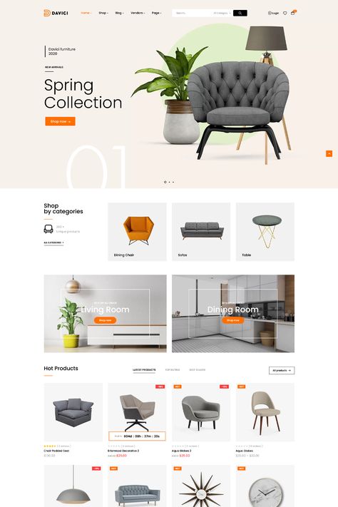 Davici is a WooCommerce WordPress theme specifically designed for furniture stores and interior design businesses. It offers a range of features and functionalities to showcase and sell furniture products effectively. Furniture Web Design Website Template, Ecommerce Store Design, Website Catalog Design, Website Store Design, Furniture Ecommerce Web Design, Furniture Website Design Inspiration, Woocommerce Website Design, Product Design Website, E Commerce Ui Design