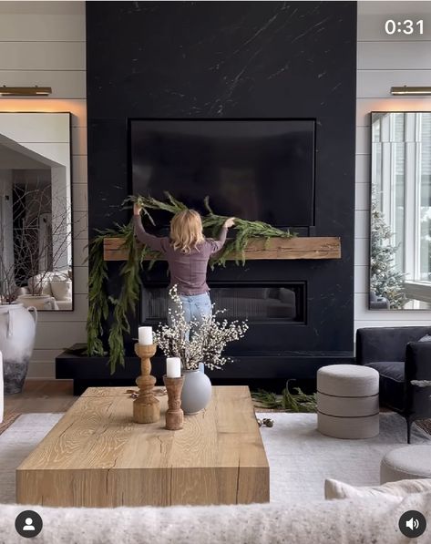 Black Modern Fireplace With Tv, Living Room Designs With Black Fireplace, Grey Modern Fireplace, Tall Black Fireplace Living Room, Fireplace Mcgee And Co, Dramatic Tv Wall, Masculine Fireplace Decor, Wall Art Next To Fireplace, Electric Fireplace Focal Wall