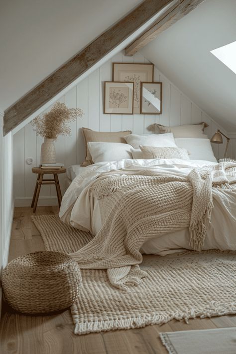 29 Attic Bedroom Ideas: Transform Your Space into a Cozy RETREAT Coastal Attic Bedroom, Farmhouse Loft Bedroom, Refinished Attic Space, Attic Style Bedroom Ideas, Cosy Attic Bedroom, Attic Bedrooms Ideas, Small Attic Bedroom Ideas Slanted Walls, Bedroom With Sloped Ceiling, Attic Bedroom Ideas Slanted Walls