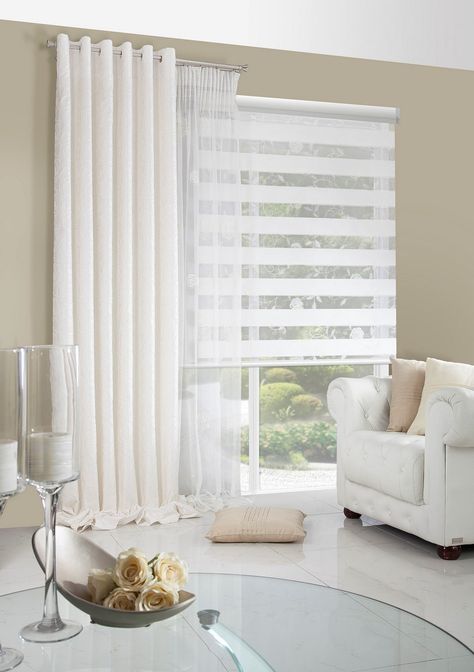 Day And Night Blinds Bedroom, Vision Blinds, Day And Night Blinds, Office Redo, Zebra Curtains, White Wall Bedroom, Modern Window Treatments, Zebra Blinds, Curtains And Blinds