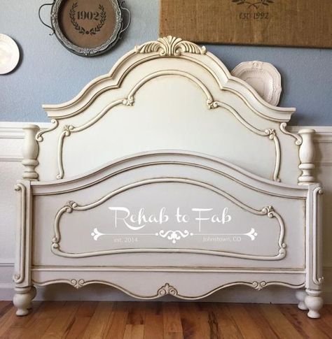 General Finishes Antique White Milk paint. Antiqued by using General Finishes Van Dyke brown glaze & sealed with their Flat Out Flat." Ornate Bed, Painted Headboard, Bed Makeover, French Style Bed, Painting Wooden Furniture, Painted Beds, White Furniture Living Room, White Bed Frame, Antique Beds