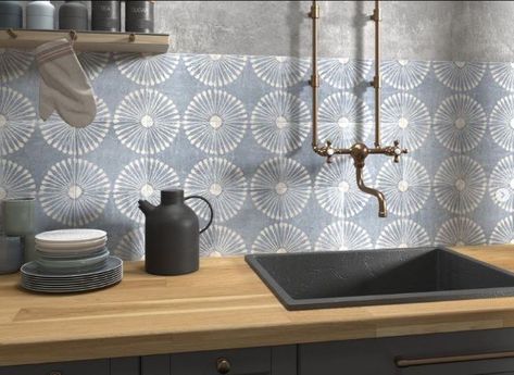 Blue Patterned  wall and floor tiles in Sydney Bathroom Feature Wall, Tile Design Pattern, Mediterranean Tile, Tile Showroom, Floor Tile Design, Patterned Floor Tiles, Stunning Bathrooms, House Tiles, Bathroom Floor Tiles