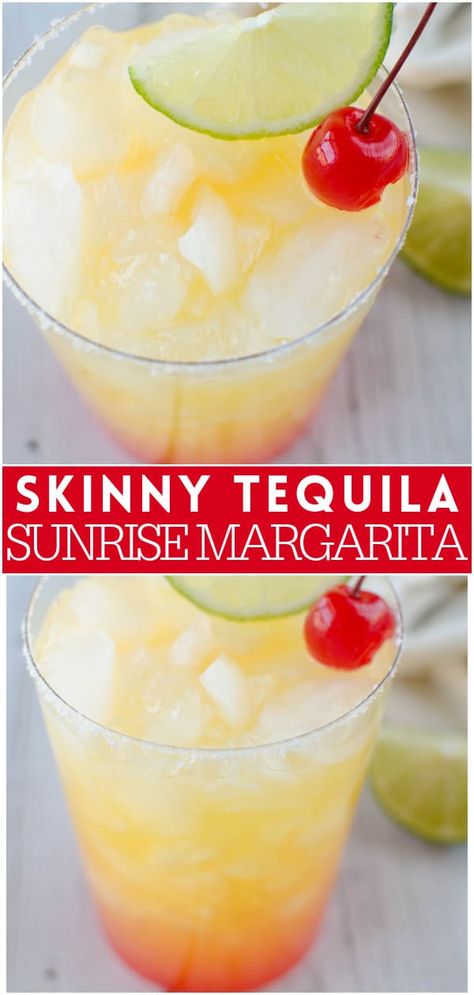 Skinny Tequila Sunrise Margaritas - a low calorie margarita recipe using low sugar orange juice, limes, tequila, orange liqueur, and a little grenandine on the bottom to make it look like a sunrise. Enjoy these skinny margaritas all summer with absolutely no guilt! Low Sugar Margarita Recipe, Low Calorie Tequila Drinks, Low Calorie Margarita, Tequila Recipe, Low Calorie Drinks, Orange Liqueur, Yummy Alcoholic Drinks, Tequila Drinks, Best Cocktail Recipes