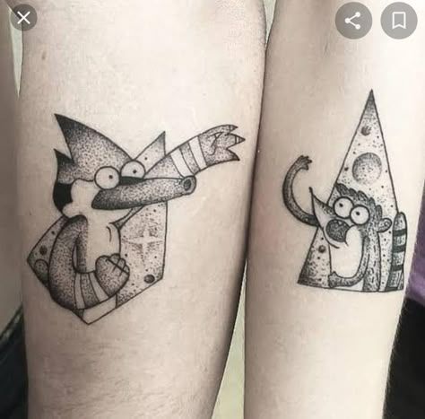 Tom And Jerry Sibling Tattoos, Matching Tattoos Group Of 4, Guy Best Friend Tattoos Matching, Mordecai And Rigby Tattoo Ideas, The Regular Show Tattoo, Matching Guy Tattoos, Matching Gaming Tattoos, Matching Tattoos For Best Friends Men, Regular Show Tattoo Ideas