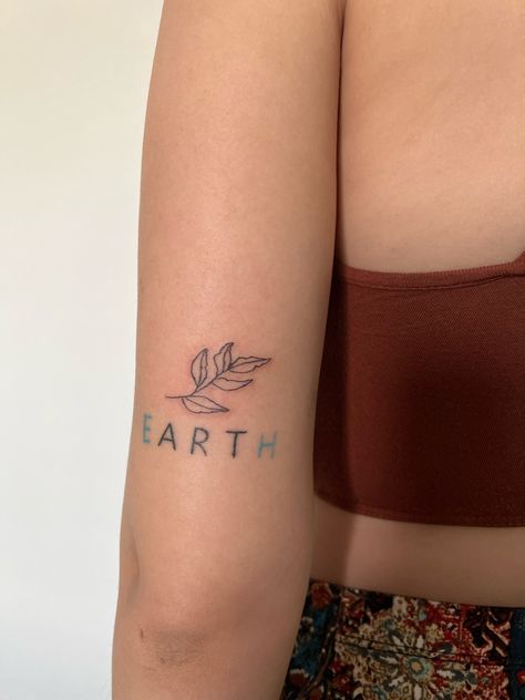 Patchwork, Matching Earth Sign Tattoos, Earth Word Tattoo, Earth Art Tattoo Word, Earthy Boho Tattoos, Earth Fine Line Tattoo, Down To Earth Tattoo Ideas, Save The Earth Tattoo, Earthy Girl Tattoos