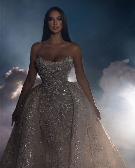 For brides who want to look timelessly elegant and modern chic. Wedding ball gown with big detachable skirt richly embellished with crystals. Wedding Dresses Sleeveless, Ball Gowns Fantasy, Expensive Wedding Dress, Lipstick Photos, Glam Wedding Dress, Satin Mermaid Wedding Dress, Detachable Train, Stylish Wedding Dresses, Classy Prom Dresses