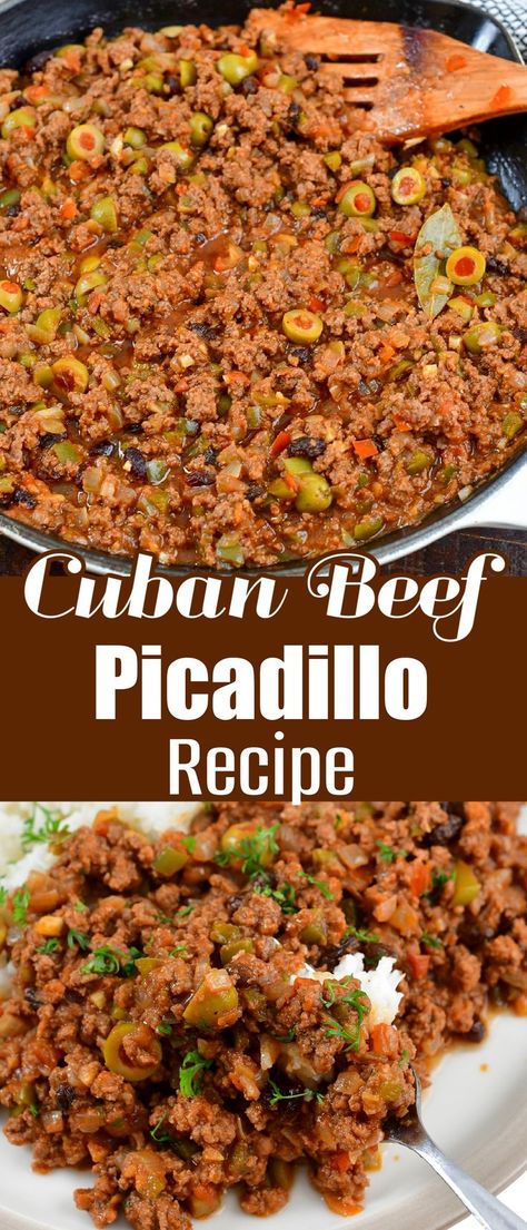 Picadillo is a traditional Latin American dish that is quite flavorful and comforting. This tasty dish consists of ground meat cooked with tomatoes, onions, peppers, aromatic spices, and a sprinkling of olives and raisins. It’s an easy weeknight dinner to enjoy year-round. Cuban Beef, Beef Picadillo, Picadillo Recipe, Will Cook For Smiles, Cooking With Ground Beef, Meat Eater, American Dishes, Dinner With Ground Beef, Homemade Beef