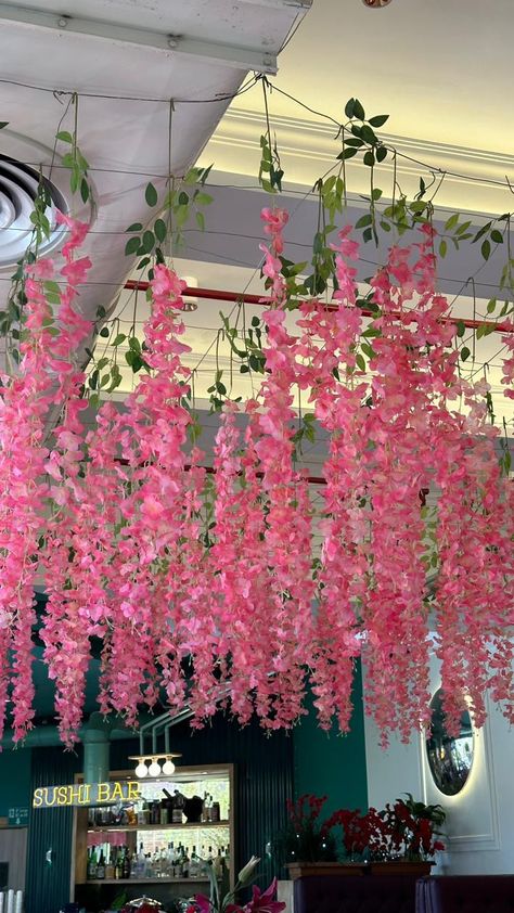 Hanging Flower Decor Diy, Ceiling Flower Installation, Flower Hanging From Ceiling, Flower Chandelier Diy, Arch Designs For Hall, Spiderman Birthday Cake, Flower Ceiling, Bakery Design Interior, Ganpati Decoration Design