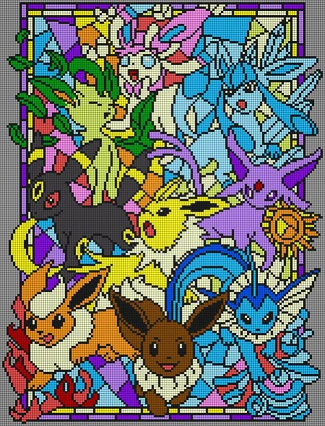 Pokemon Eeveelutions Art, Toothless Pixel Art Grid, Unicorn Pixel Art Grid, Detailed Pixel Art Grid, Eeveelutions Perler Bead Patterns, Alpha Pattern Pixel Art, Eeveelutions Perler, Pokemon Alpha Pattern, Zelda Cross Stitch Pattern